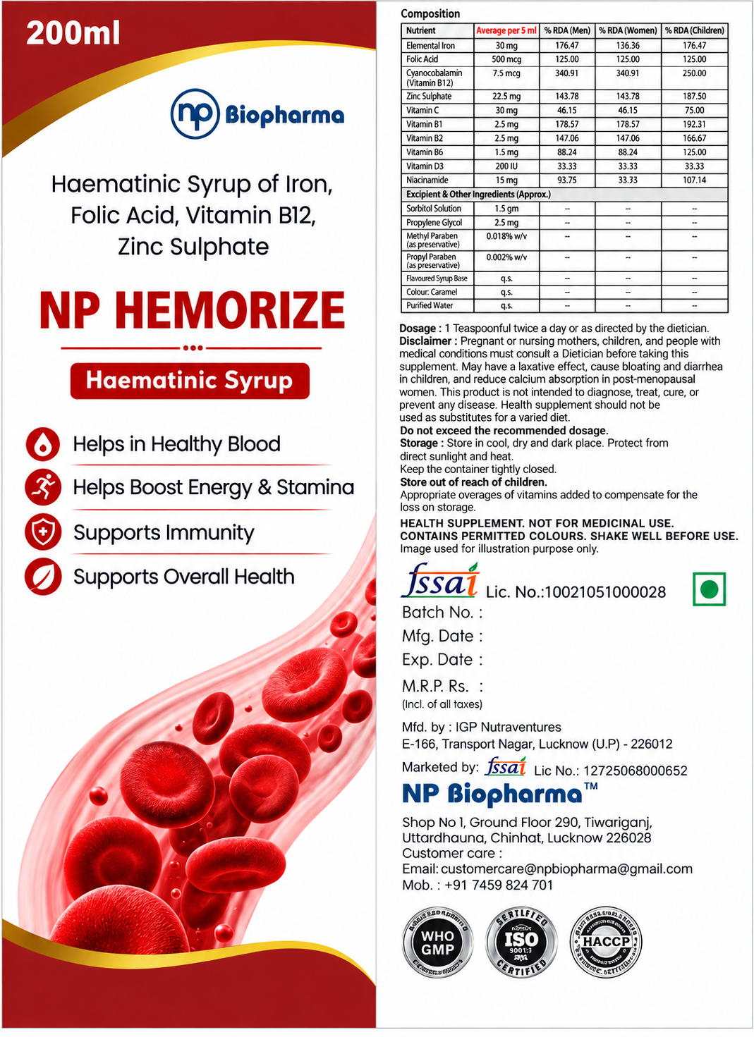 NP HEMORIZE Haematinic Syrup 200ml | Iron, Folic Acid, Vitamin B12 & Zinc Supplement