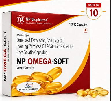 NP OMEGA-SOFT Softgel Capsules Pack of 10 | Omega-3 Fatty Acids, Cod Liver Oil, Evening Primrose Oil & Vitamin E | NP Biopharma