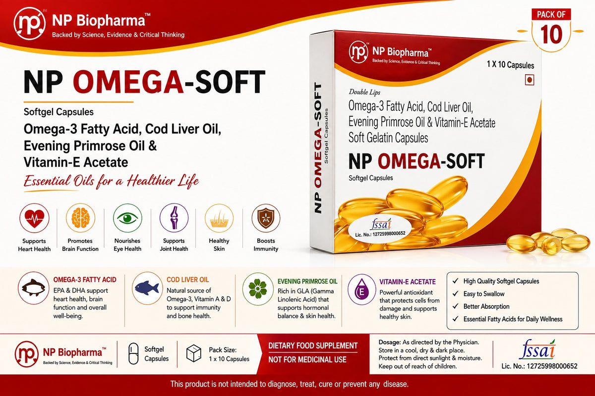 NP Biopharma NP OMEGA-SOFT Softgel Capsules – Omega-3 Fatty Acid, Cod Liver Oil, Evening Primrose Oil & Vitamin E Acetate, Pack of 10