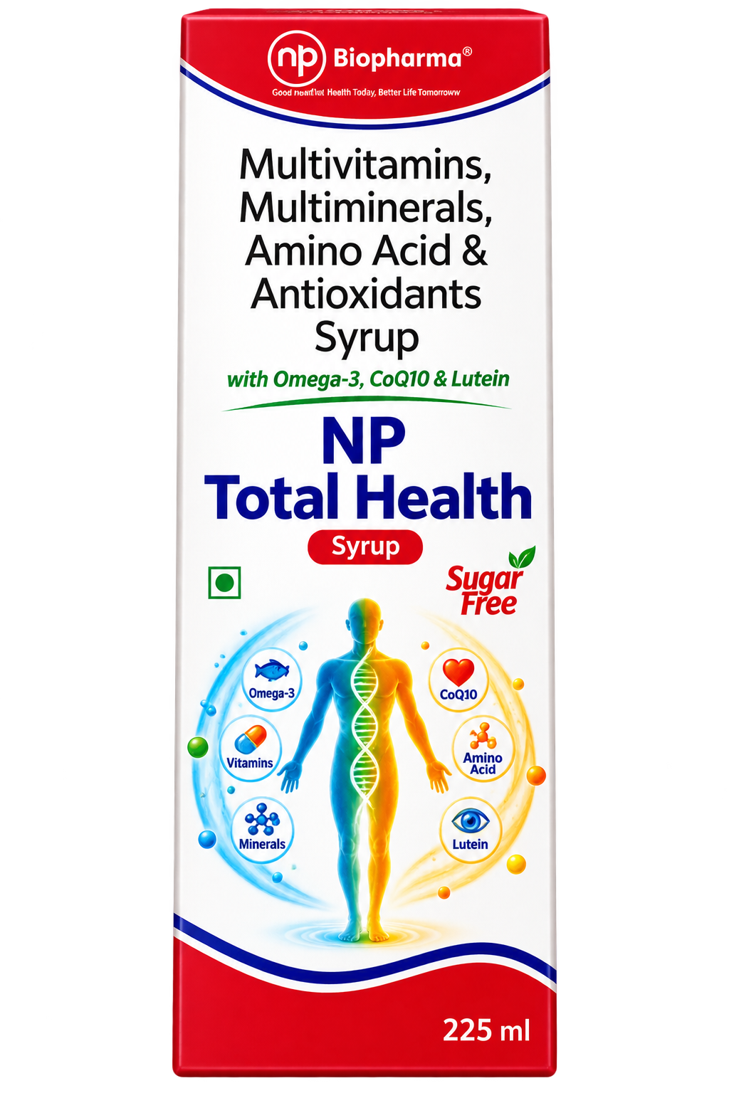NP Total Health Syrup | Multivitamins, Multiminerals, Amino Acids & Antioxidants with Omega-3, CoQ10 & Lutein | Sugar Free | 225 ml