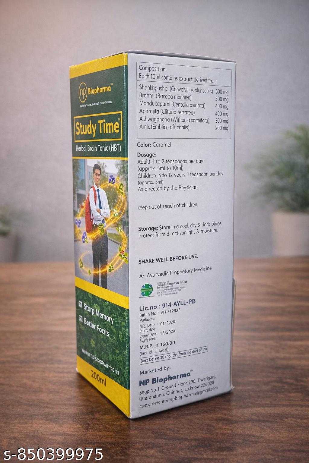 Study Time Herbal Brain Tonic Syrup 200ml | Brain Booster for Memory, Focus & Concentration | Ayurvedic Syrup for Students & Adults | NP Biopharma