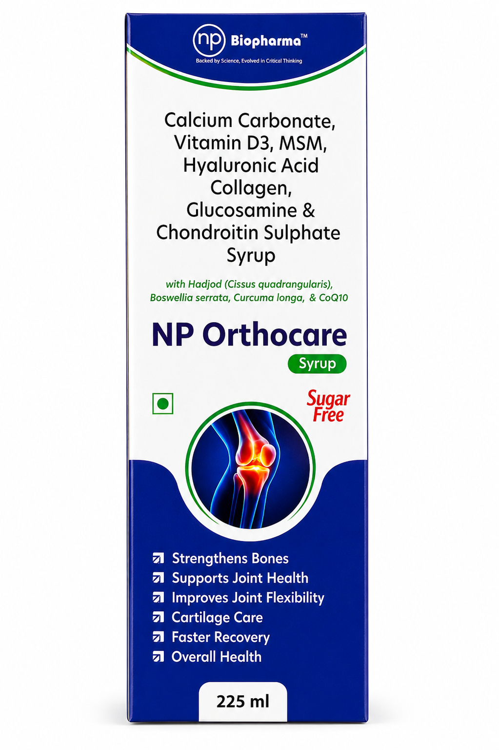NP Orthocare Syrup – Calcium Carbonate, Vitamin D3, MSM, Hyaluronic Acid, Collagen, Glucosamine & Chondroitin Sulphate – 225 ml