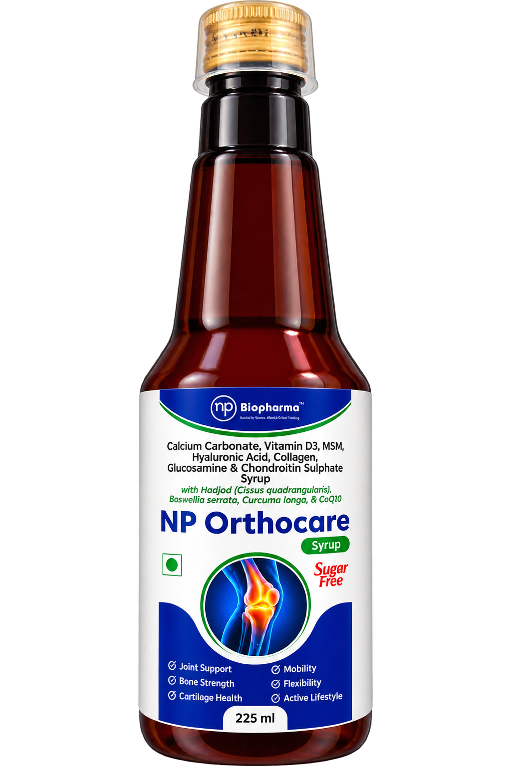 NP Orthocare Syrup – Calcium Carbonate, Vitamin D3, MSM, Hyaluronic Acid, Collagen, Glucosamine & Chondroitin Sulphate – 225 ml